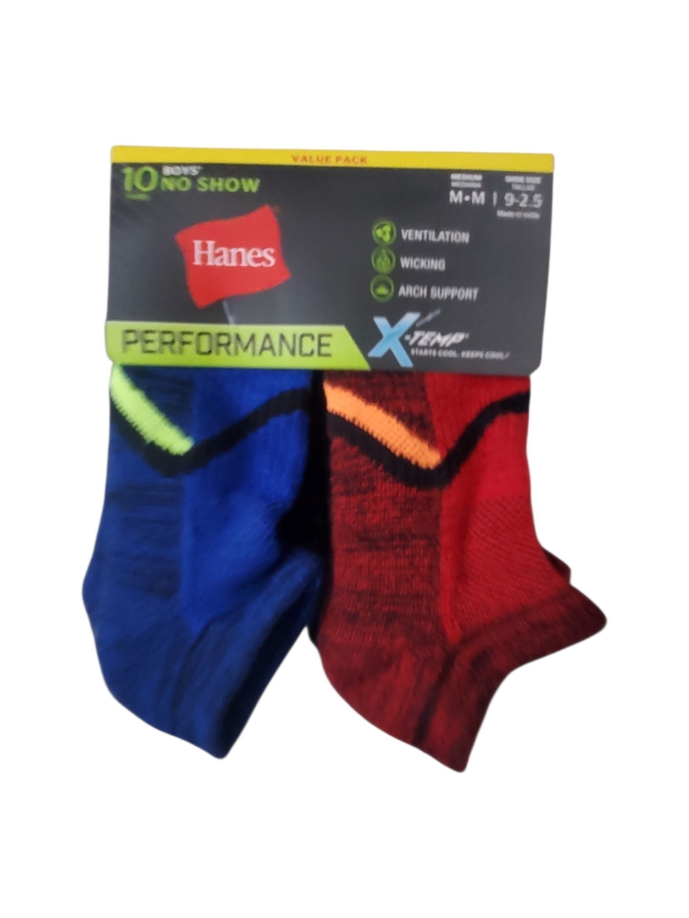 Hanes Boys Performance No-Show Socks - Blue & Red with Neon Accents 10 Ct